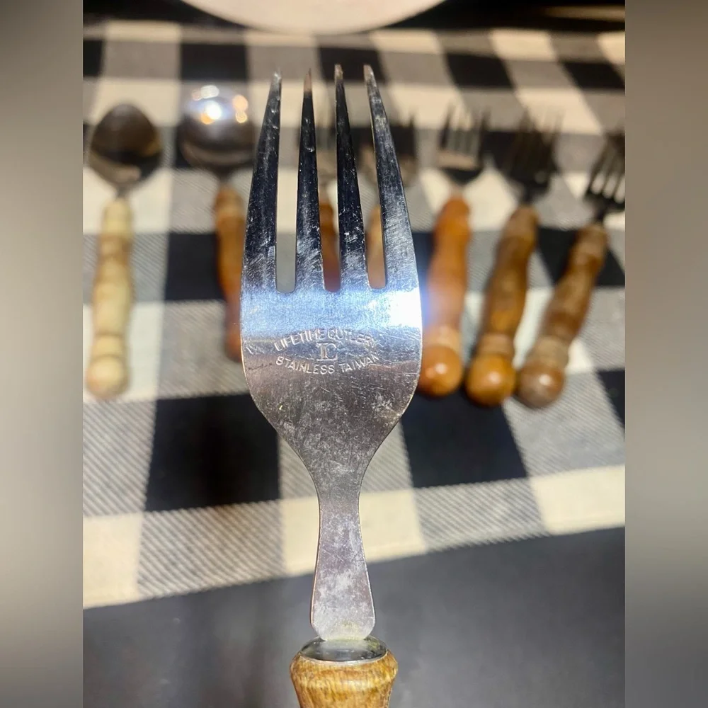 Vintage Lifetime Cutlery Stainless Silverware Wood Handle Fork‎ and Spoon Set